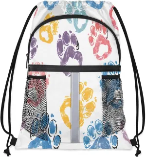 Paw Print Drawstring Backpack with Water Bottle Pocket Lightweight String Bag Paw Print Pet Animal Sports Gym Swim Sackpack for Men Women