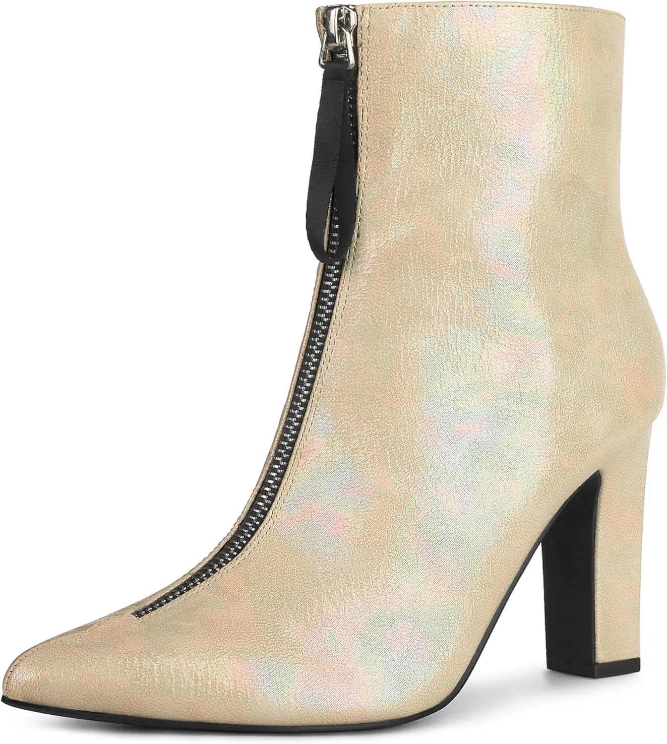 Perphy Rave Holographic Pointed Toe Chunky Heel Zipper Ankle Boots for Women