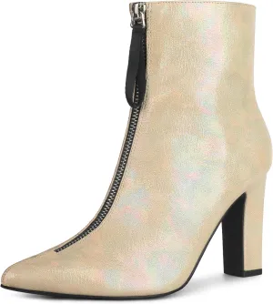 Perphy Rave Holographic Pointed Toe Chunky Heel Zipper Ankle Boots for Women