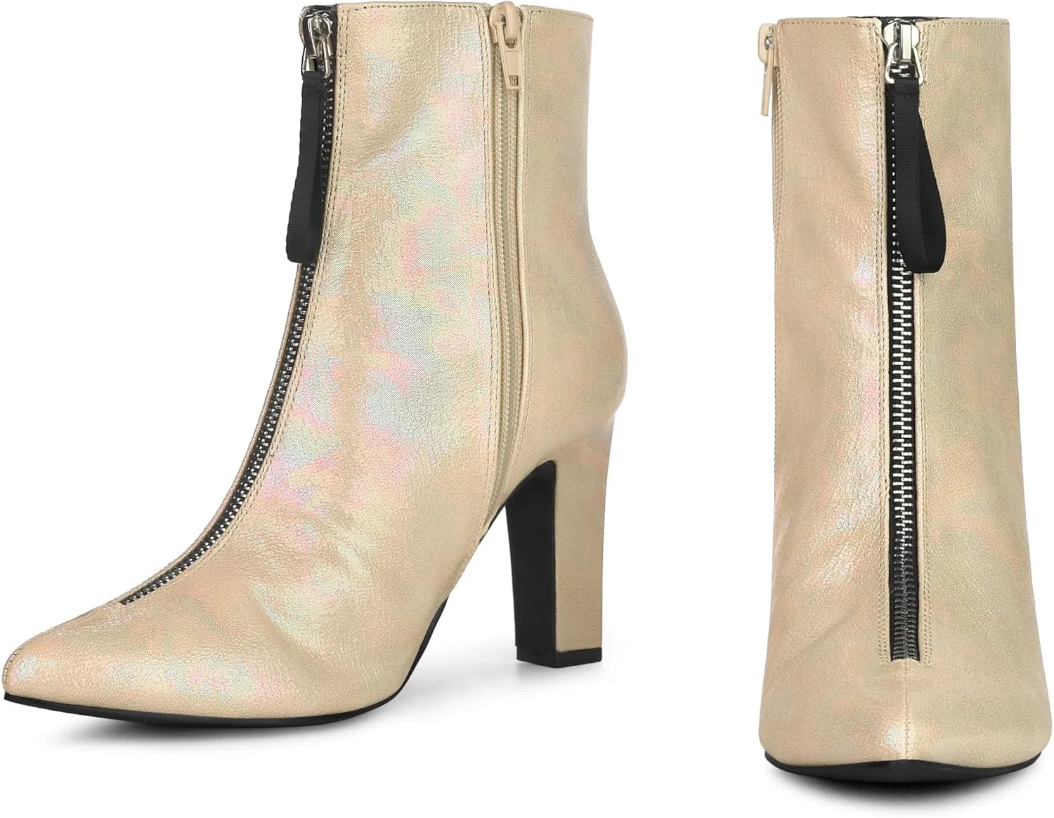 Perphy Rave Holographic Pointed Toe Chunky Heel Zipper Ankle Boots for Women