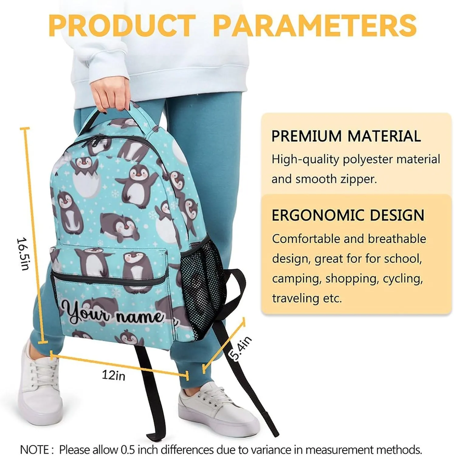 Personalized Cute Penguin Backpack, 16 Inch Animal Theme Bookbag with Adjustable Straps, Durable, Lightweight, Large Capacity, School Backpack for Kids Girls Boys