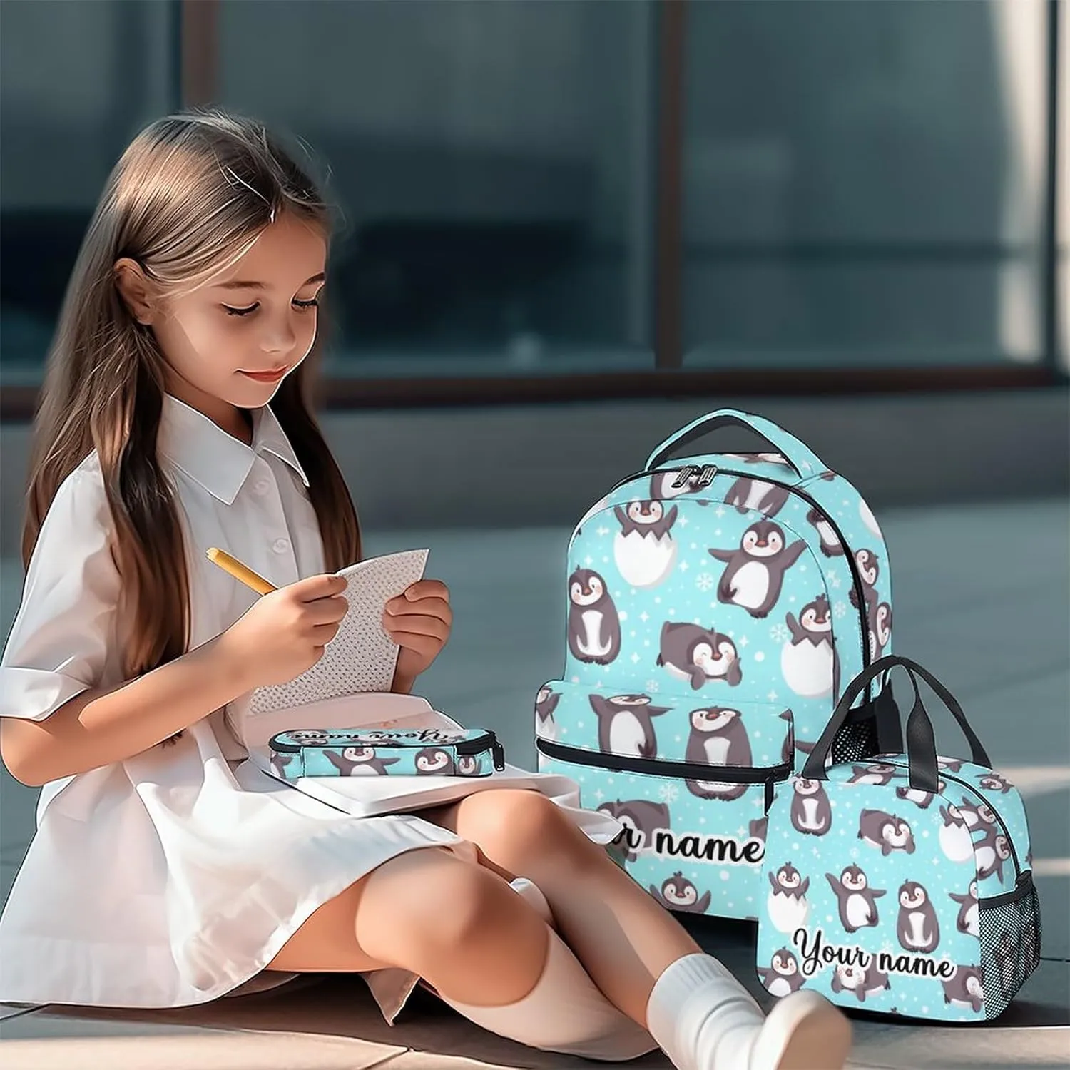 Personalized Penguin Backpack with Lunch Box and Pencil Case, 16 Inch Penguin Theme Bookbag with Adjustable Straps, Durable, Lightweight, Large Capacity, School Backpack for Girls Women