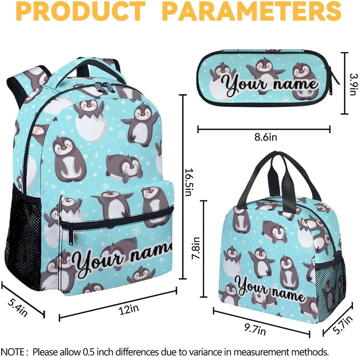 Personalized Penguin Backpack with Lunch Box and Pencil Case, 16 Inch Penguin Theme Bookbag with Adjustable Straps, Durable, Lightweight, Large Capacity, School Backpack for Girls Women