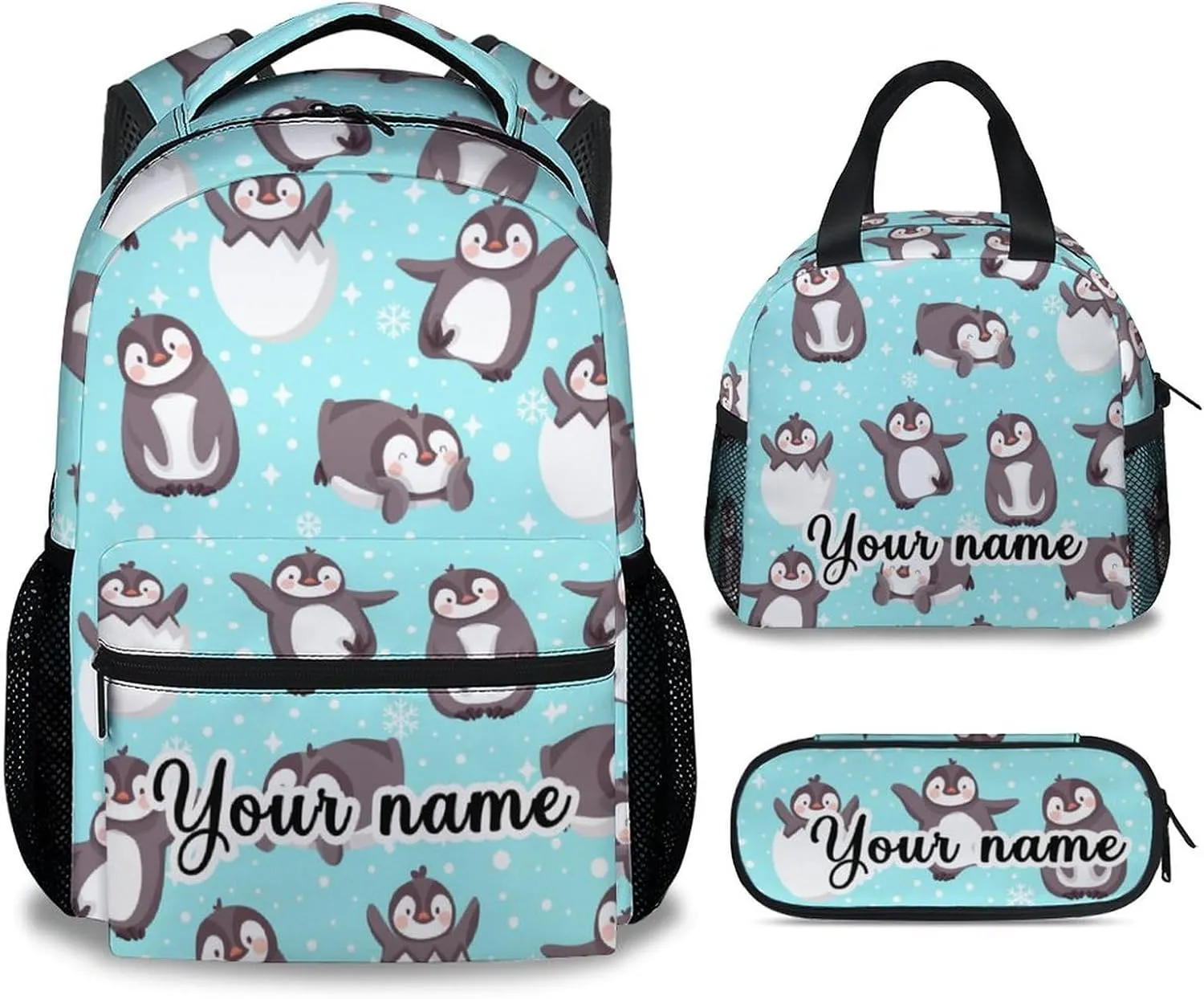 Personalized Penguin Backpack with Lunch Box and Pencil Case, 16 Inch Penguin Theme Bookbag with Adjustable Straps, Durable, Lightweight, Large Capacity, School Backpack for Girls Women