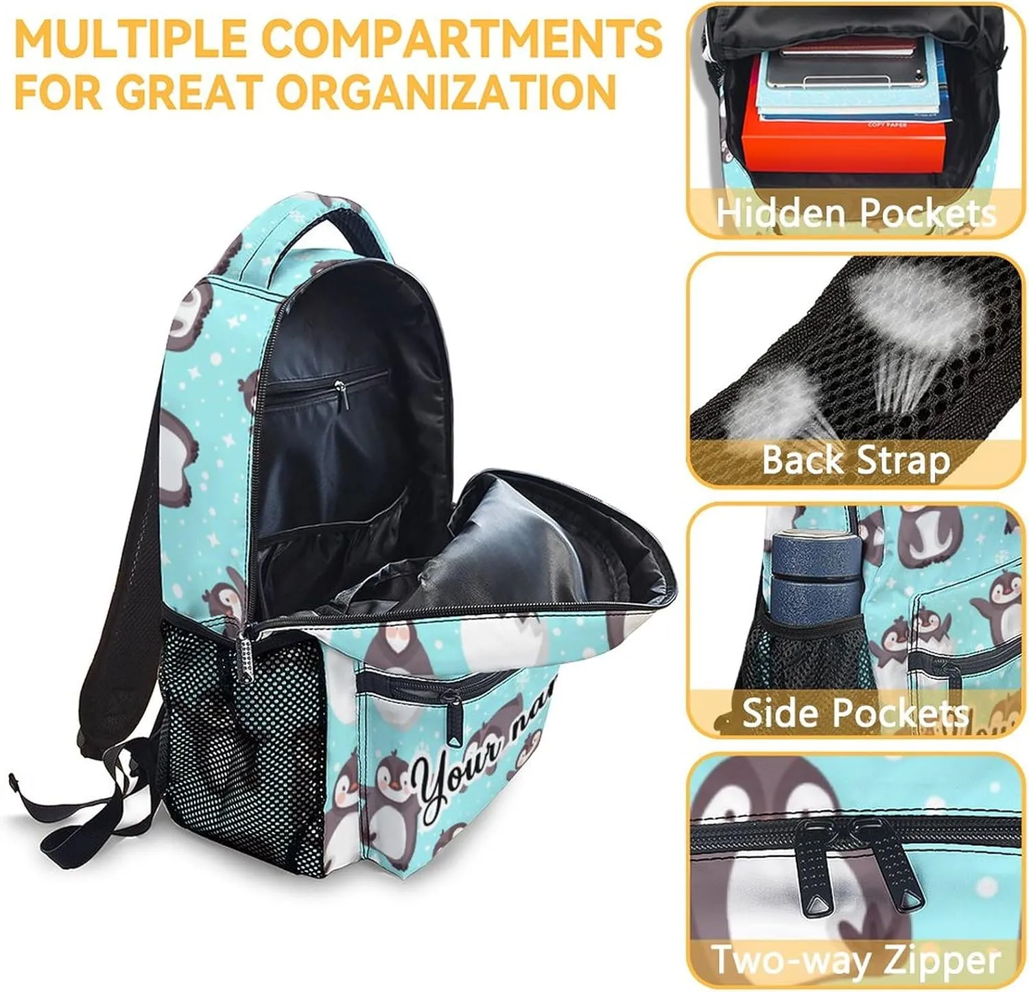 Personalized Penguin Backpack with Lunch Box and Pencil Case, 16 Inch Penguin Theme Bookbag with Adjustable Straps, Durable, Lightweight, Large Capacity, School Backpack for Girls Women