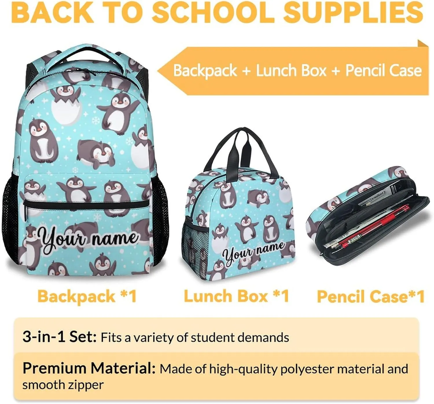 Personalized Penguin Backpack with Lunch Box and Pencil Case, 16 Inch Penguin Theme Bookbag with Adjustable Straps, Durable, Lightweight, Large Capacity, School Backpack for Girls Women