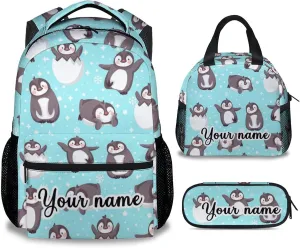 Personalized Penguin Backpack with Lunch Box and Pencil Case, 16 Inch Penguin Theme Bookbag with Adjustable Straps, Durable, Lightweight, Large Capacity, School Backpack for Girls Women