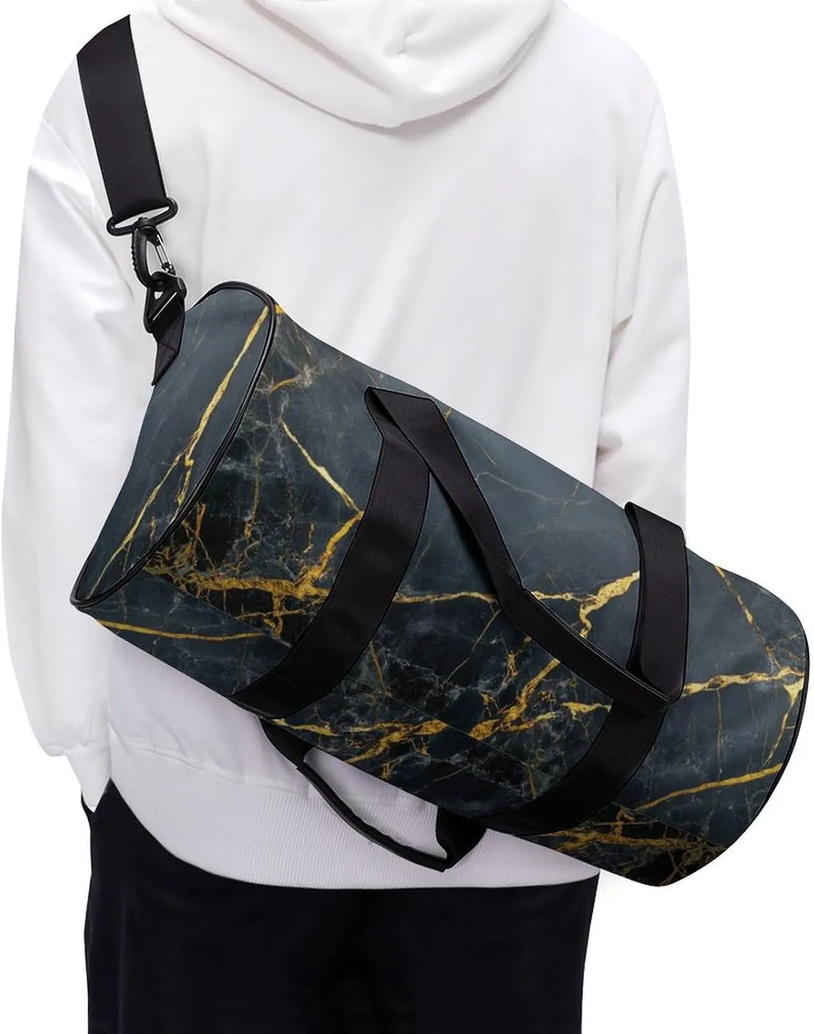Polished Black Marble with Golden Veins Travel Gym Bag for Women Men Cylindrical Duffle Bag Sport Workout Bag with Shoulder Strap
