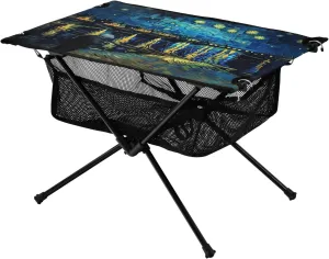 Portable Camping Table Foldable with Mesh Storage Lightweight Compact Camp Tent Side Table for Outside,Camping,Hiking,Tailgating,Van Gogh's Starry Sky