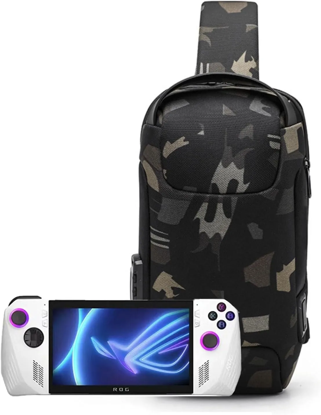 Portable Storage Bag Carry Case for ROG Ally/Steam Deck/Switch Handheld Game Console Daily Travel Crossbody/Shoulder Protective Bag with Anti-Theft Lock,USB Charging Port (Camouflage)