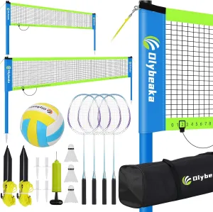 Portable Volleyball & Badminton Combo Net Set for Backyard Beach with 2 Nets (20ft and 32ft), Adjustable Poles, PU Volleyball, Aluminum Rackets and Carry Bag, Quick Setup & Durable