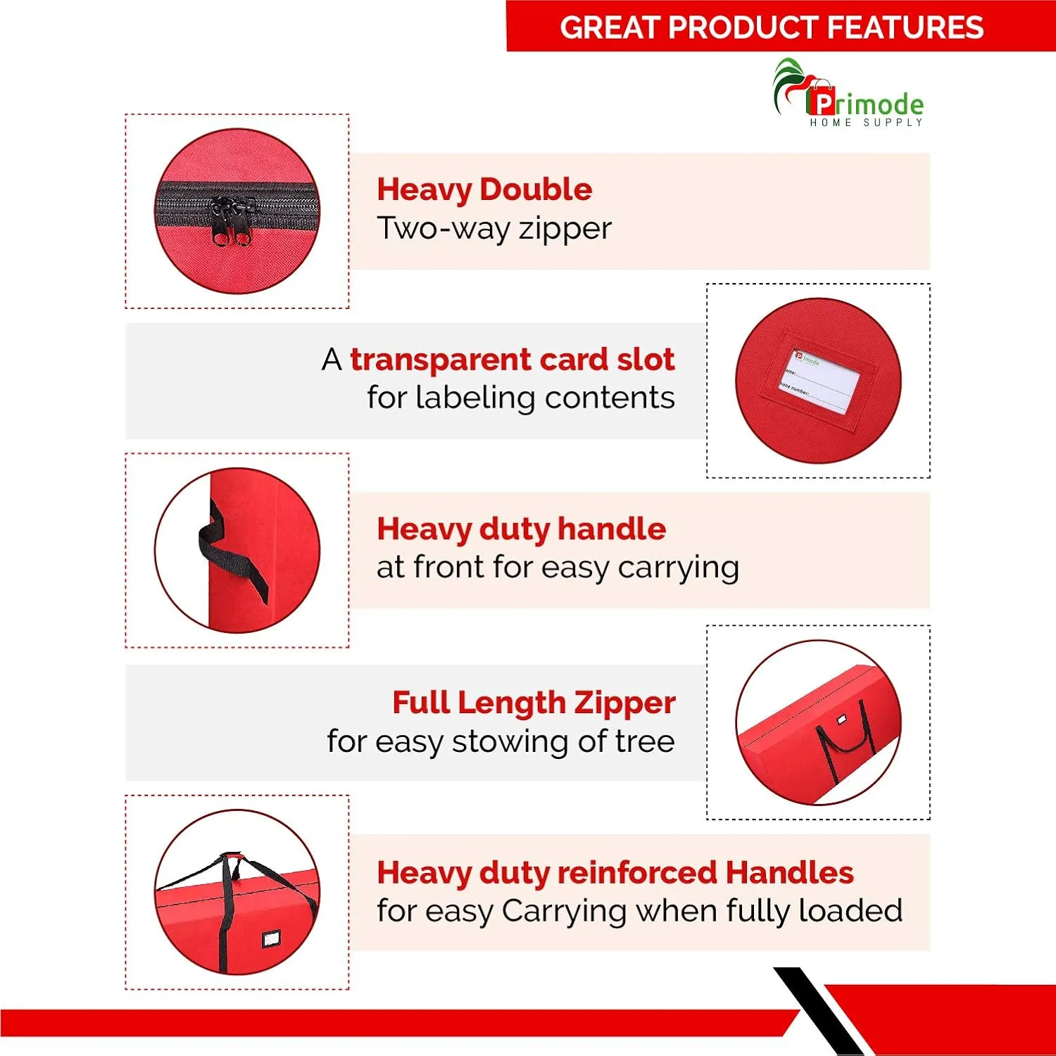 Primode Christmas Tree Storage Bag | Fits Up to 7-8 Ft. Disassembled Holiday Tree | 50” x 15” x 20” Tree Storage Container | Durable 600D Oxford Material | Heavy Duty Xmas Storage Box (Red)