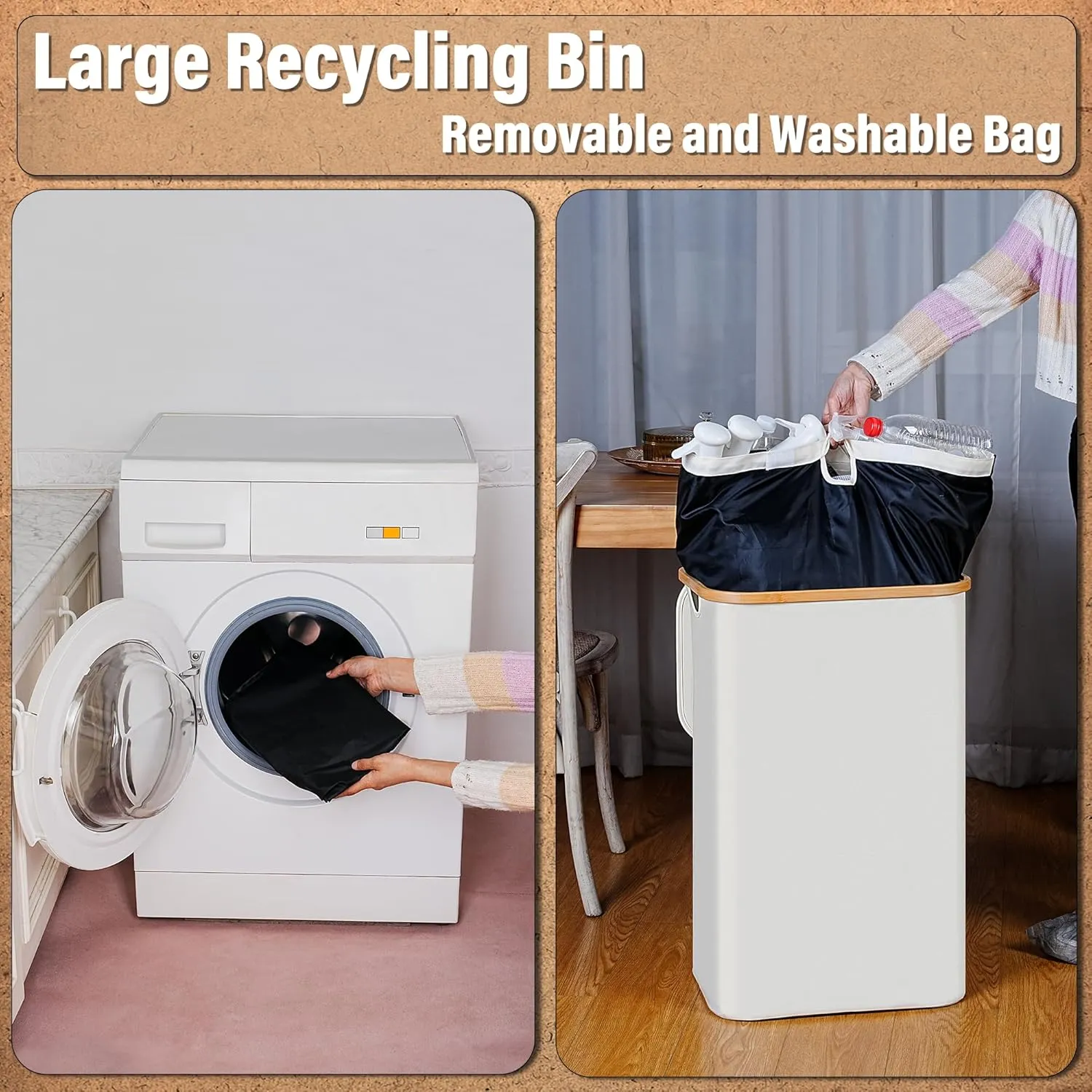 Recycling Bin 100L, 26 Gallon Recycle Bins for Kitchen Indoor Outdoor Home with 2 Removeable and Reusable Inner Bag, Tall Recycle bin for Bottle Can Plastice Stickers (Beige)