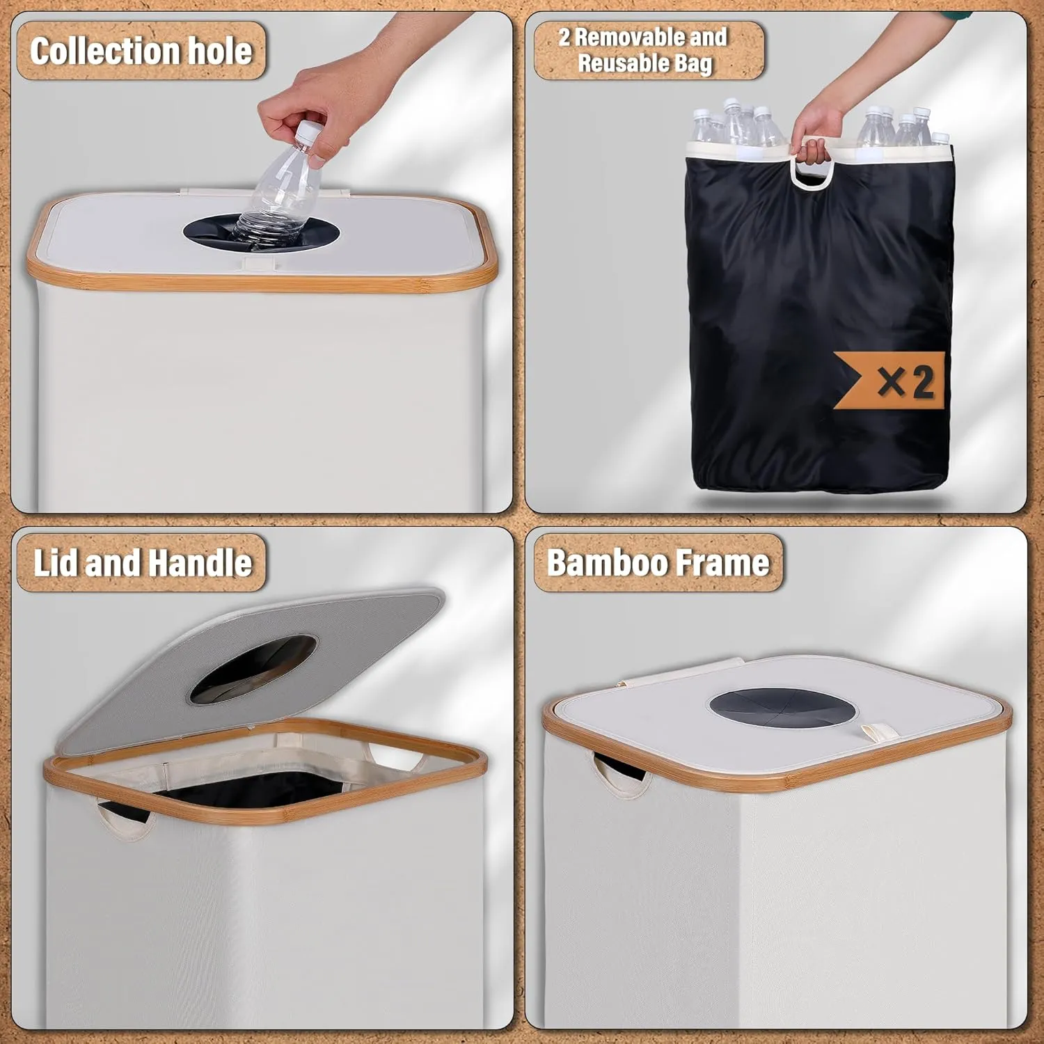 Recycling Bin 100L, 26 Gallon Recycle Bins for Kitchen Indoor Outdoor Home with 2 Removeable and Reusable Inner Bag, Tall Recycle bin for Bottle Can Plastice Stickers (Beige)