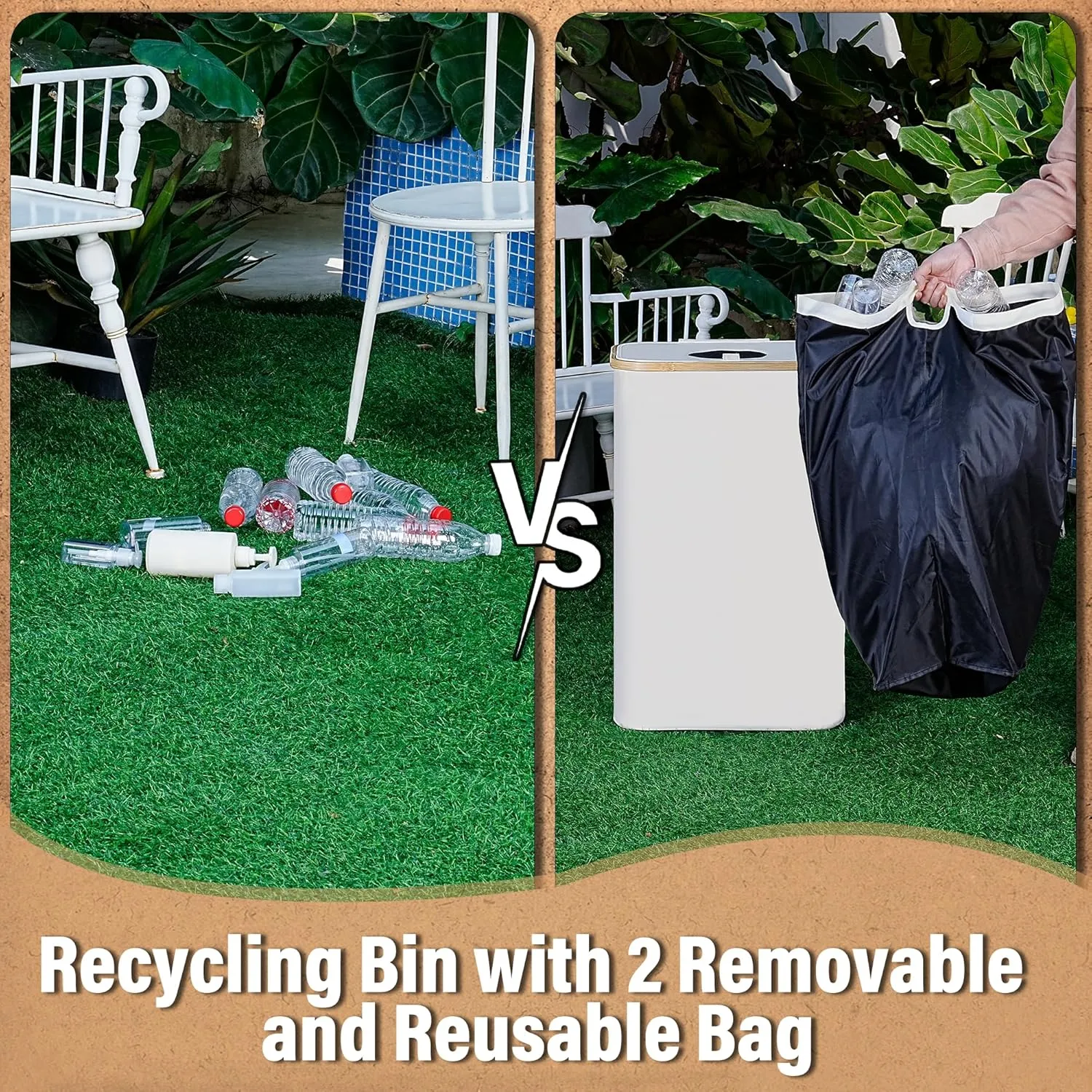Recycling Bin 100L, 26 Gallon Recycle Bins for Kitchen Indoor Outdoor Home with 2 Removeable and Reusable Inner Bag, Tall Recycle bin for Bottle Can Plastice Stickers (Beige)
