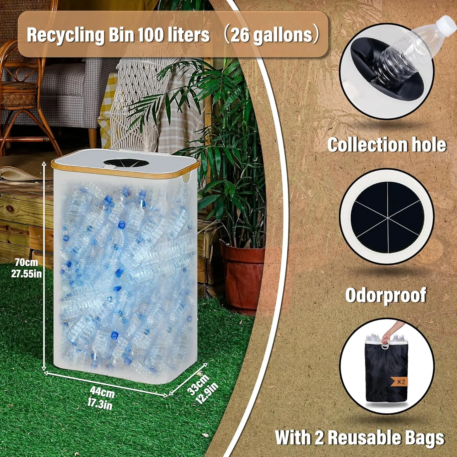 Recycling Bin 100L, 26 Gallon Recycle Bins for Kitchen Indoor Outdoor Home with 2 Removeable and Reusable Inner Bag, Tall Recycle bin for Bottle Can Plastice Stickers (Beige)