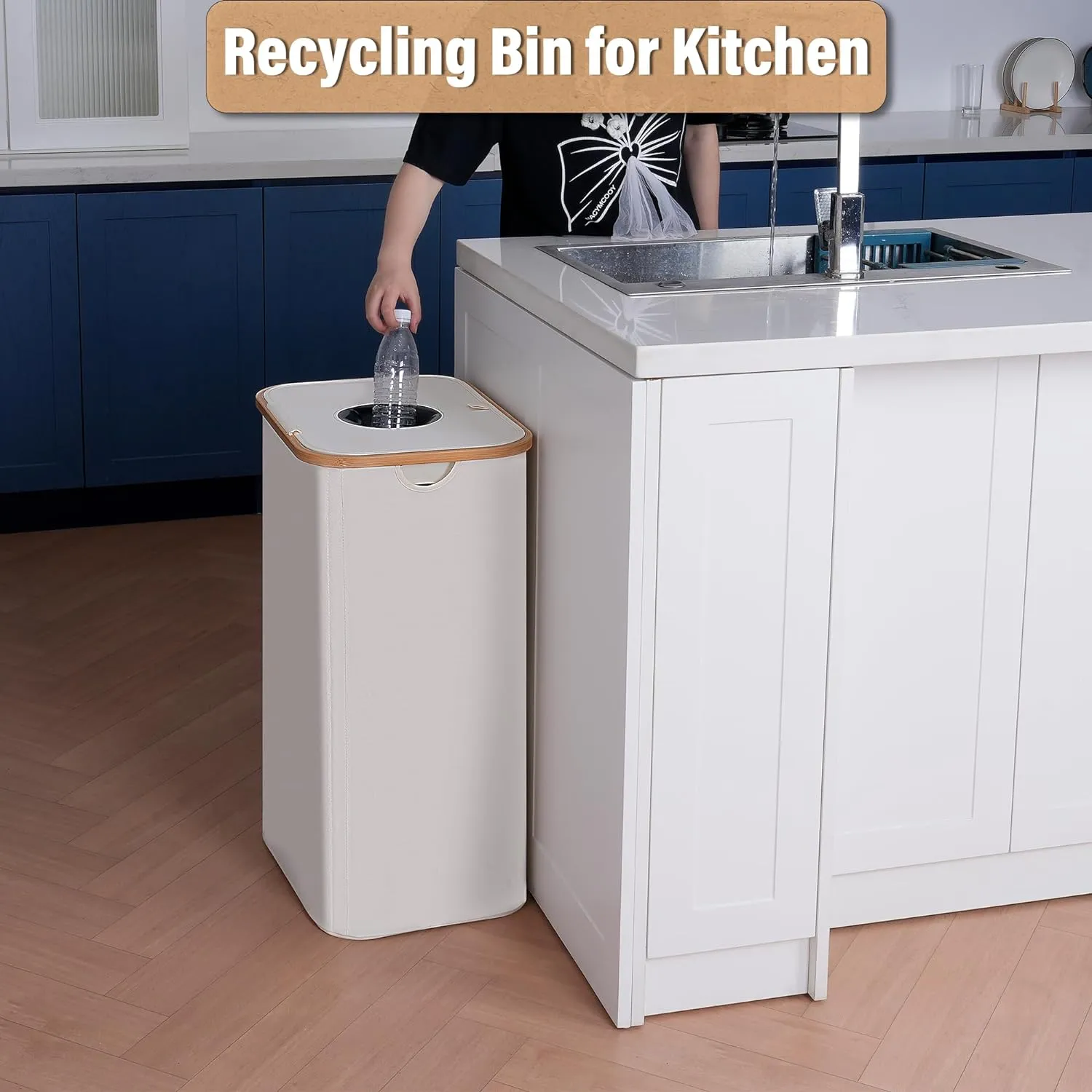 Recycling Bin 100L, 26 Gallon Recycle Bins for Kitchen Indoor Outdoor Home with 2 Removeable and Reusable Inner Bag, Tall Recycle bin for Bottle Can Plastice Stickers (Beige)