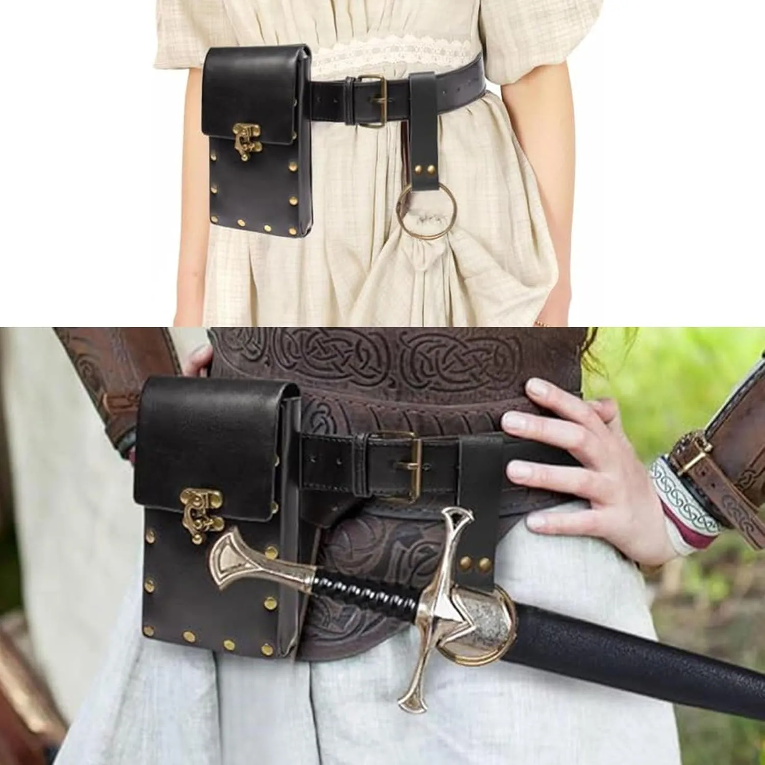 Renaissance Belt Pouch Coin Purse Skirt Hike Set Medieval Festival Costume Halloween Accessories Casual Fanny Pack Waist Bag (3Bottle-Black)