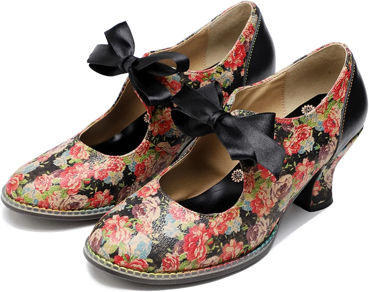 Riutiru Women's Handmade Lambskin Mary Jane Loafers Shoes, Retro Ethnic Print Style and Brock-Style Design