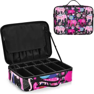 Seamless Bright Colorful Pink Elephants Leaves Flowers on Dark Women's Portable Makeup Bag with Handle, Cosmetic Bag, Adjustable Dividers, Travel Cosmetic Toiletry Storage Organizer for women