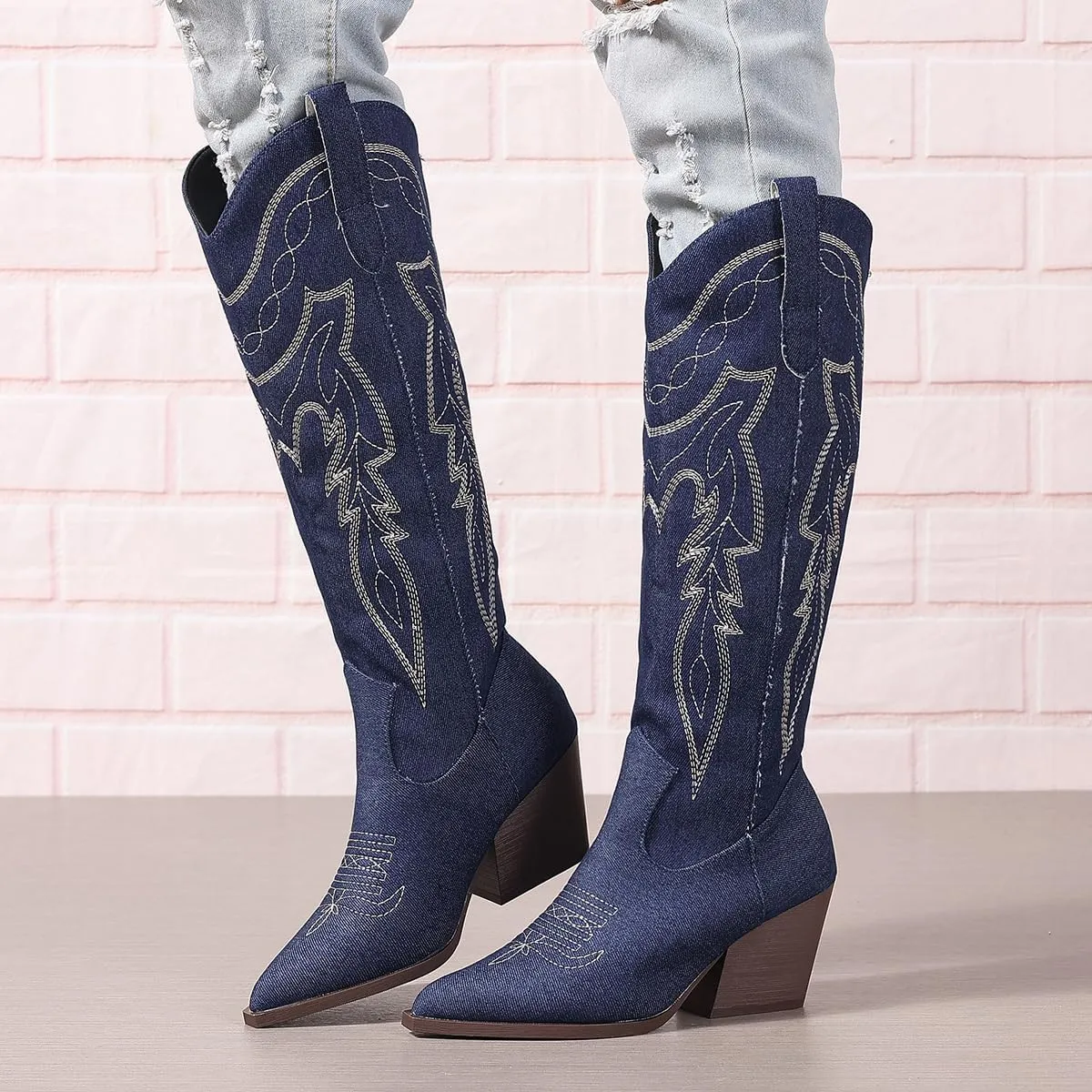 SelRoys Cowboy Boots for Women Cowgirl Embroidered Stitched Pointy Toe Chunky Heel Western Country Fashion Boots