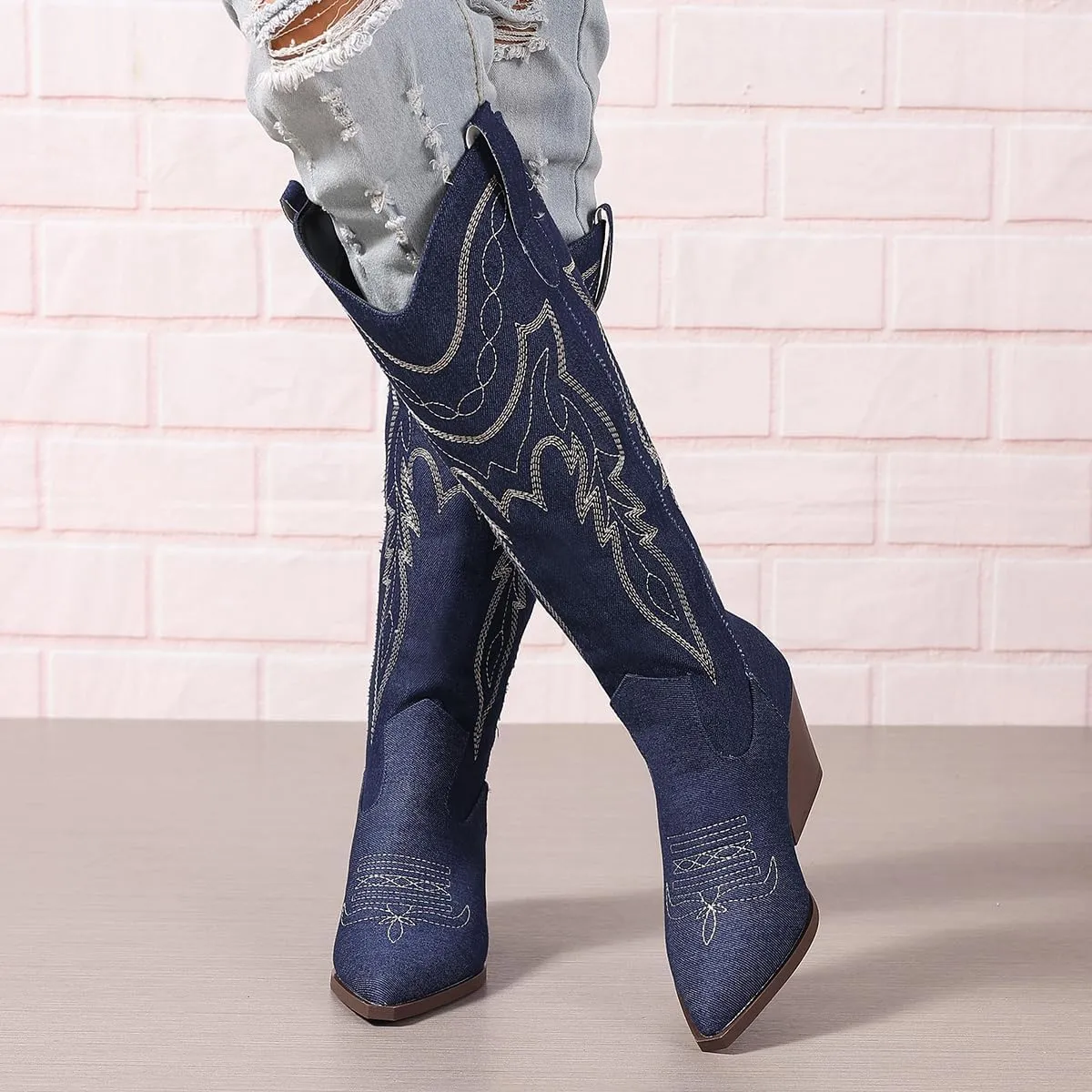 SelRoys Cowboy Boots for Women Cowgirl Embroidered Stitched Pointy Toe Chunky Heel Western Country Fashion Boots