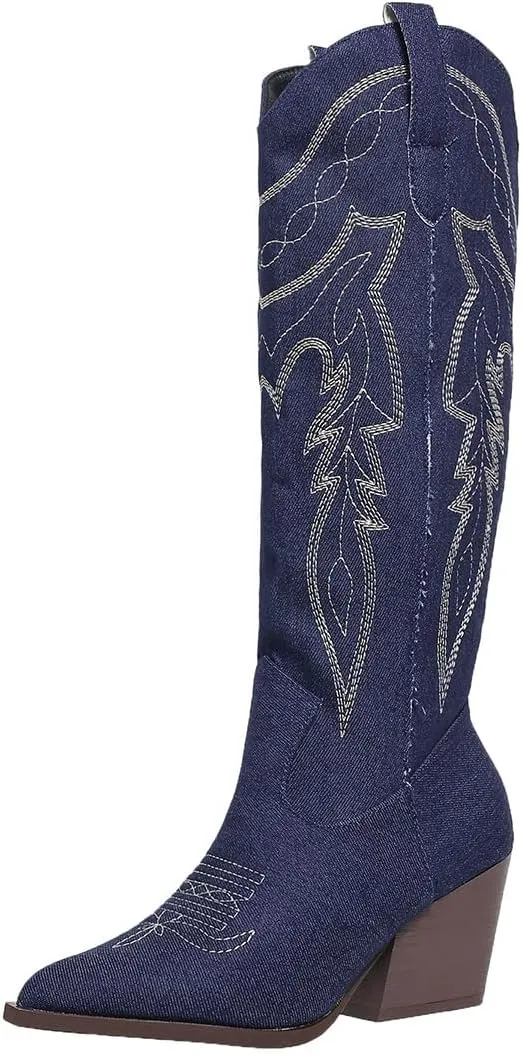 SelRoys Cowboy Boots for Women Cowgirl Embroidered Stitched Pointy Toe Chunky Heel Western Country Fashion Boots