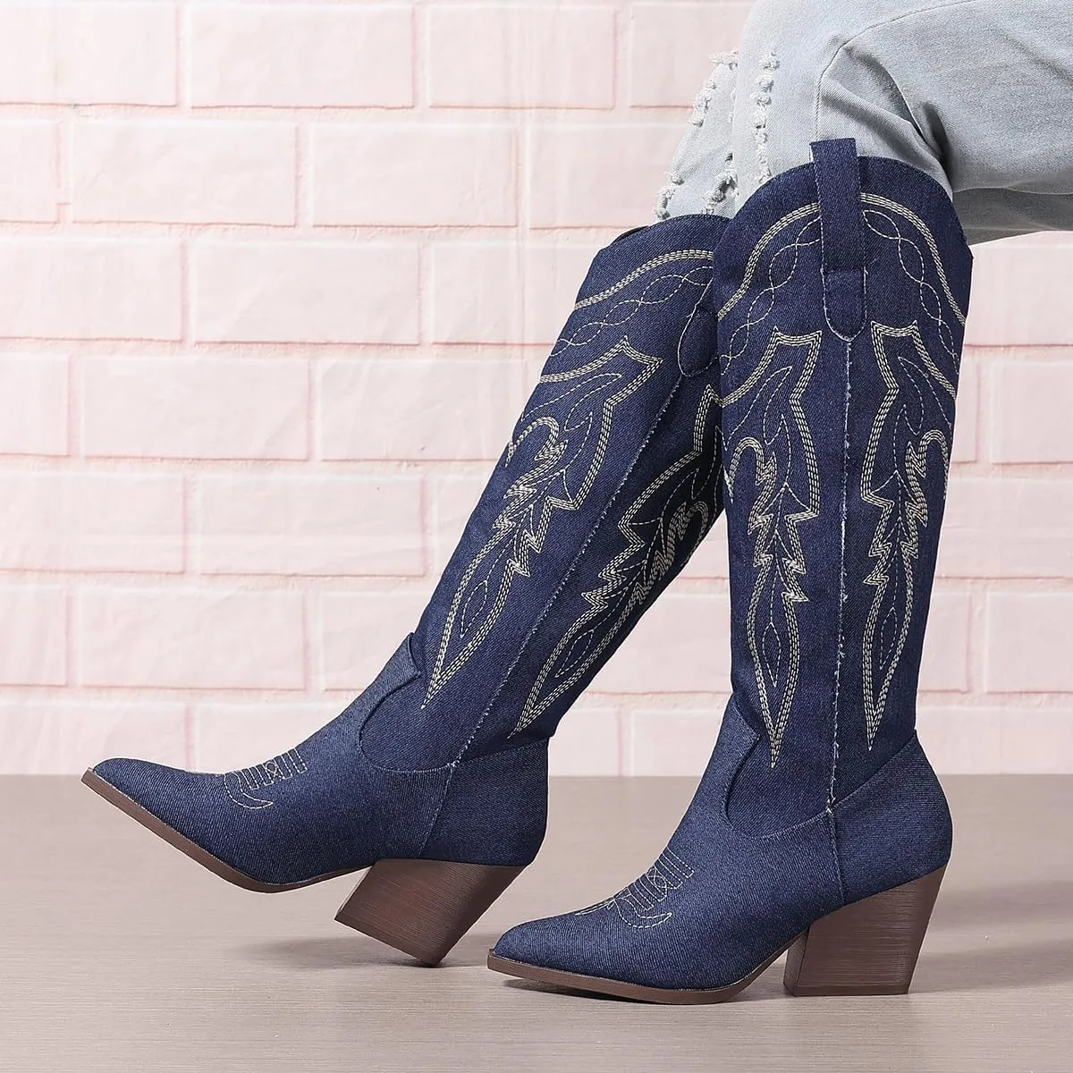 SelRoys Cowboy Boots for Women Cowgirl Embroidered Stitched Pointy Toe Chunky Heel Western Country Fashion Boots
