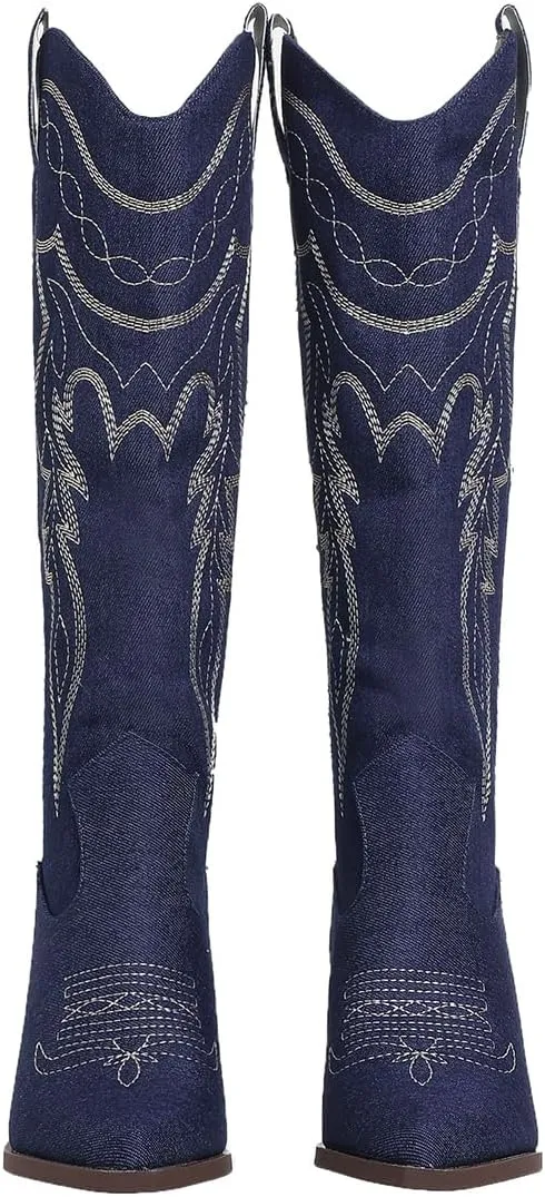 SelRoys Cowboy Boots for Women Cowgirl Embroidered Stitched Pointy Toe Chunky Heel Western Country Fashion Boots