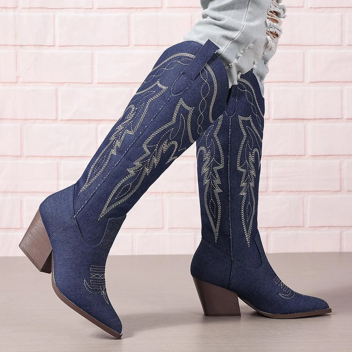 SelRoys Cowboy Boots for Women Cowgirl Embroidered Stitched Pointy Toe Chunky Heel Western Country Fashion Boots
