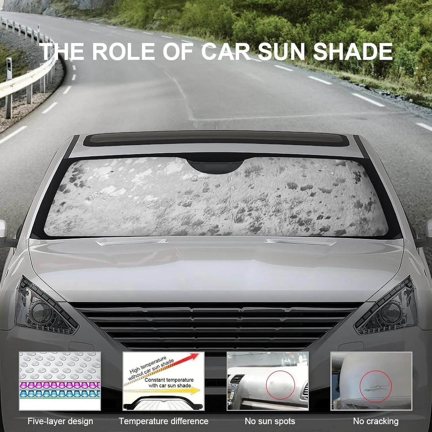 Silver Gray Cowhide Print Metallic Oxford Cloth Material for Car Windshield Sunshade Covers is Suitable for All Cars 55"x30"
