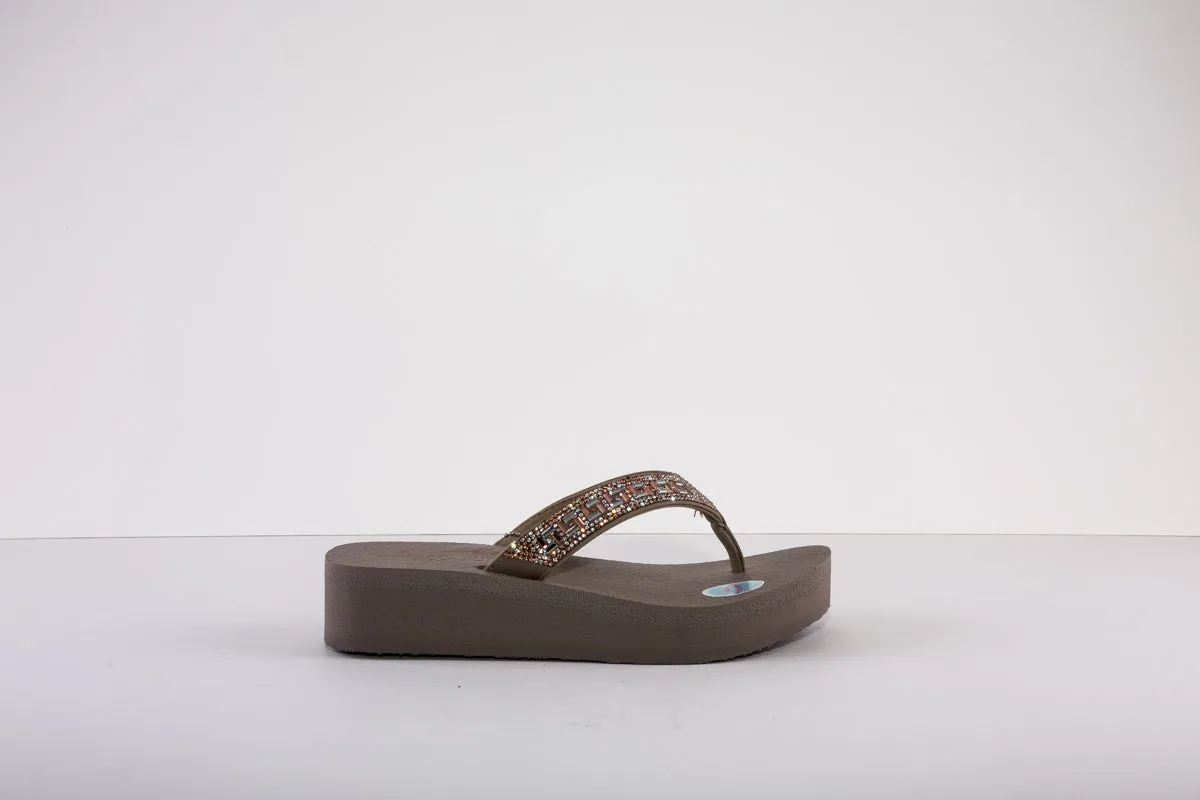 SKECHERS 119296  VINYASA-GEO QUEEN LOW WEDGE TOE-POST MULE - TAUPE
