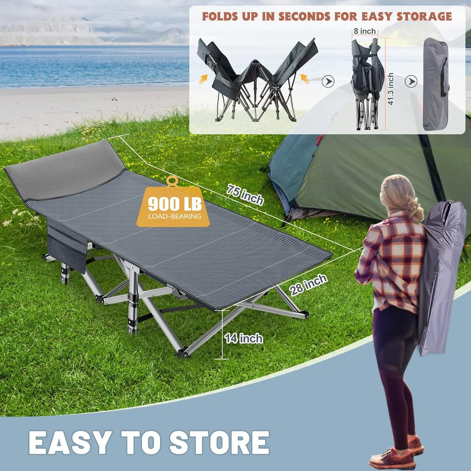 Slsy Folding Camping Cot for Adults with Mattress, Portable Sleeping Cots, Camp Bed with Carry Bag for Outdoor Travel, Beach, Hiking