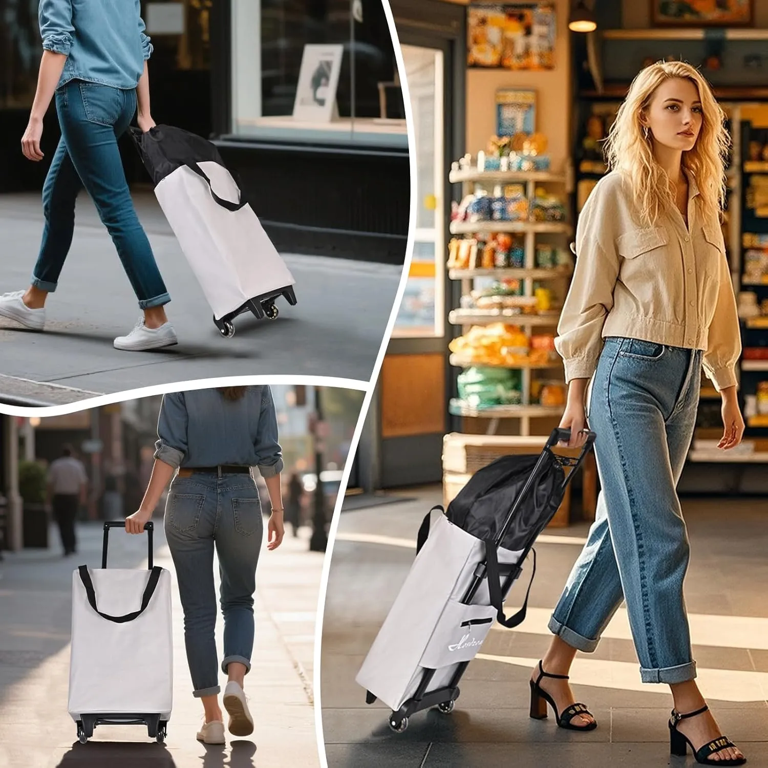 Small Collapsible Shopping Cart,Shopping Cart with Wheels,Folding Portable Bag,Waterproof Rolling Bag,Trolley Tote Stair Climbing for Traveling,Gift for Women (Grey,Expandable Bag)
