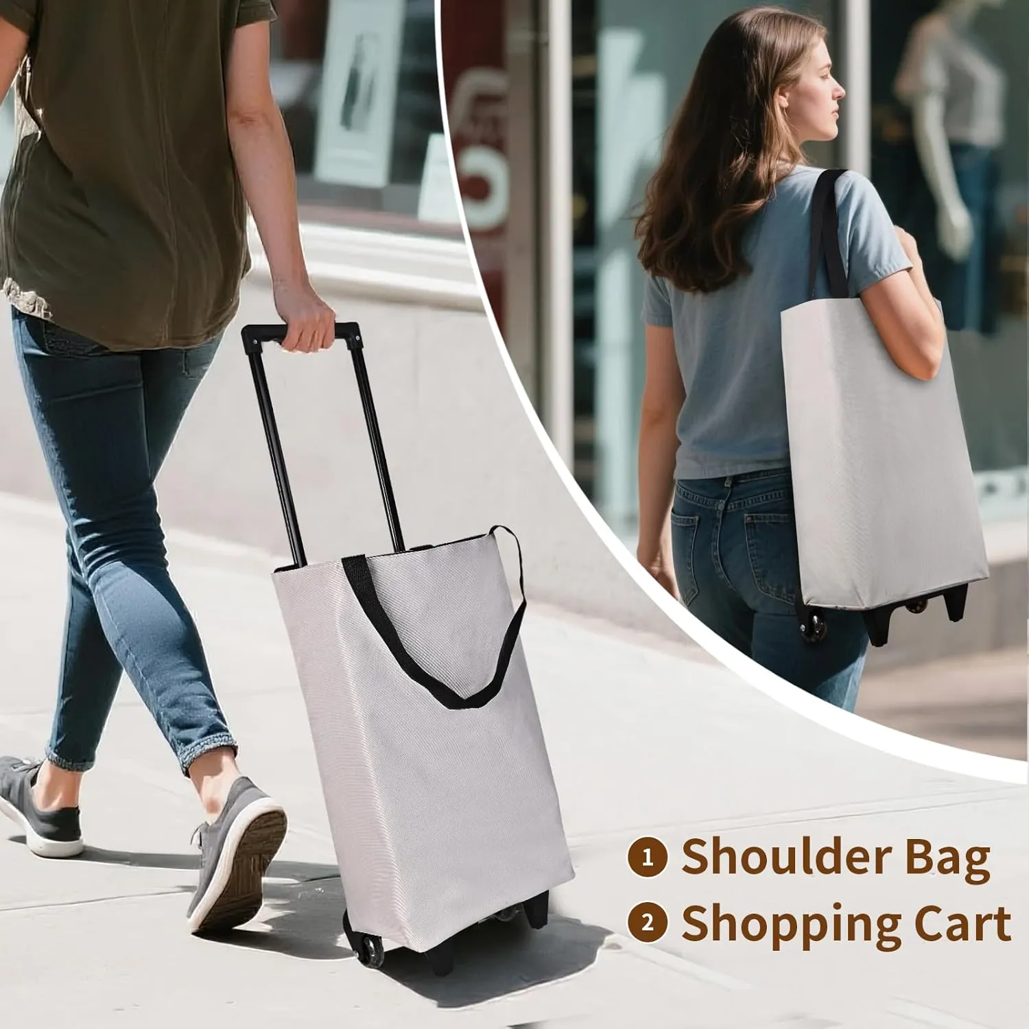Small Collapsible Shopping Cart,Shopping Cart with Wheels,Folding Portable Bag,Waterproof Rolling Bag,Trolley Tote Stair Climbing for Traveling,Gift for Women (Grey,Expandable Bag)