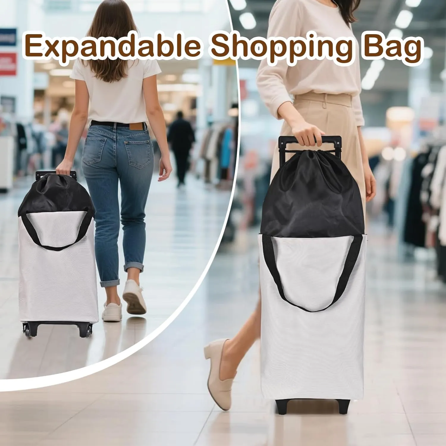 Small Collapsible Shopping Cart,Shopping Cart with Wheels,Folding Portable Bag,Waterproof Rolling Bag,Trolley Tote Stair Climbing for Traveling,Gift for Women (Grey,Expandable Bag)