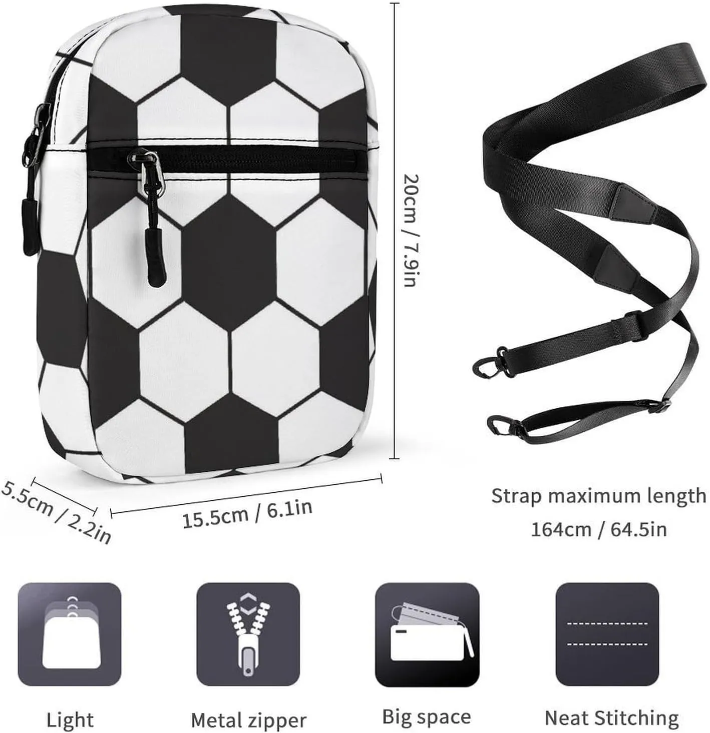 Soccer Ball White And Black Detachable Shoulder Strap Small Shoulder Bag Unisex