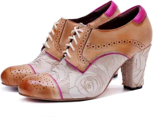 SOCOFY Women Leather Pumps, Womens Colorful Vintage Block Heel Oxford Vintage Shoes Anti Slip Pumps Dress Shoes Winter Ankle Boots Women's Handmade Lace Up Boots for Wedding Party