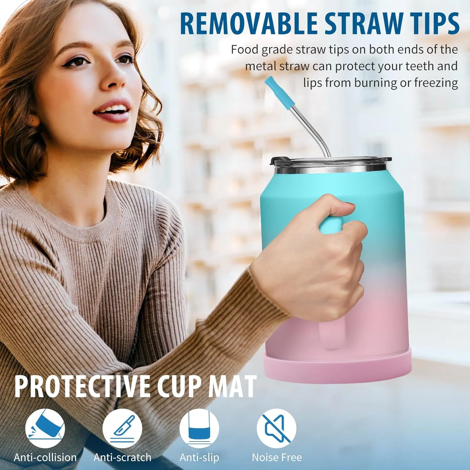 Stainless-Steel Coffee Cup 32 oz Mug Tumbler - with Handle, Straws & Protective Boot, Keep Cold 36hrs & Hot 24hrs, Insulated Tumbler Water Cup, Leak-proof Big Travel Mugs Thermal Flask Water Bottle