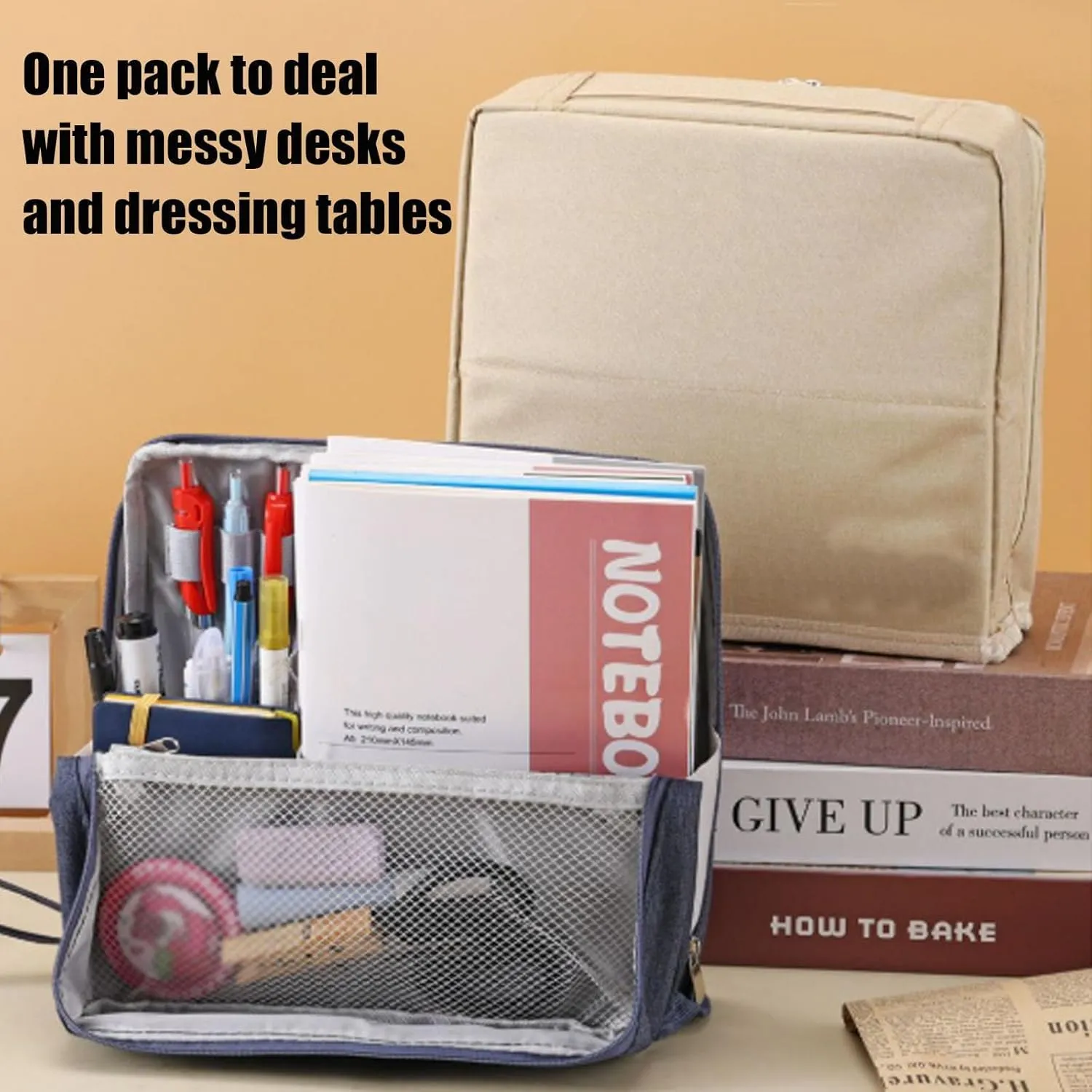 Standing Makeup Bag Portable, Large Capacity, Doresty Makeup Bag, Toiletry Bag For Women,Makeup Bag Organizers With Compartments (Beige)