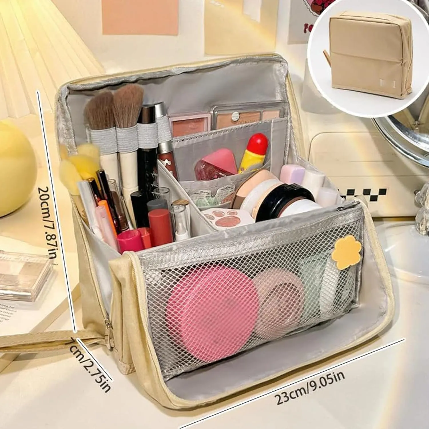 Standing Makeup Bag Portable, Large Capacity, Doresty Makeup Bag, Toiletry Bag For Women,Makeup Bag Organizers With Compartments (Beige)
