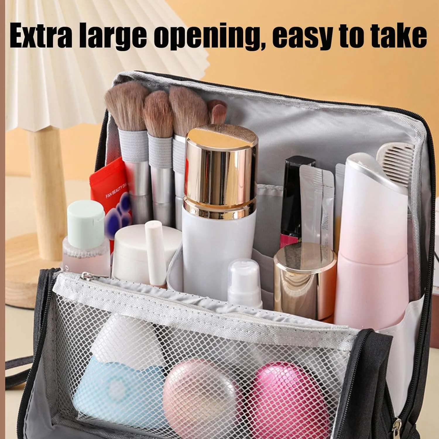 Standing Makeup Bag Portable, Large Capacity, Doresty Makeup Bag, Toiletry Bag For Women,Makeup Bag Organizers With Compartments (Beige)