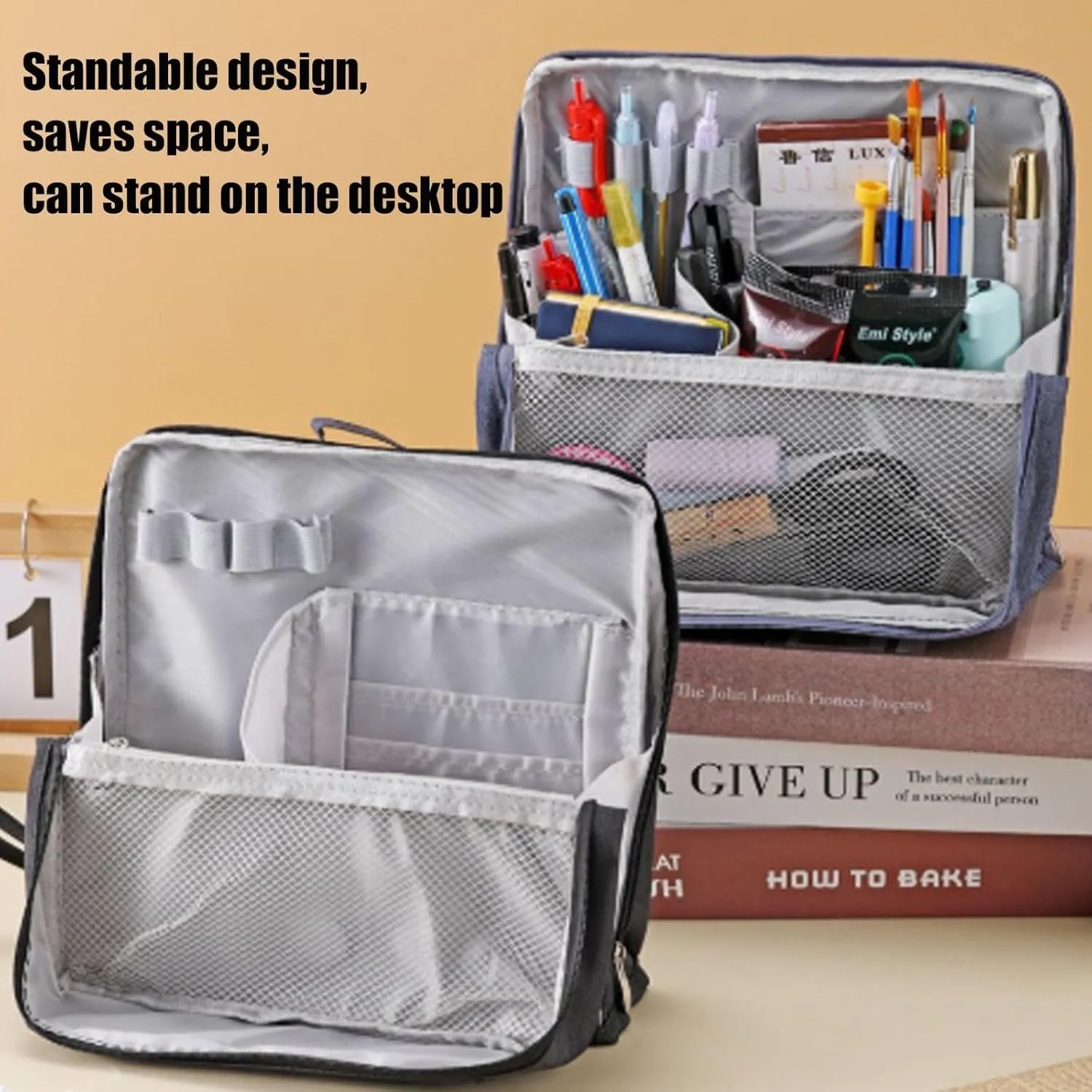 Standing Makeup Bag Portable, Large Capacity, Doresty Makeup Bag, Toiletry Bag For Women,Makeup Bag Organizers With Compartments (Beige)