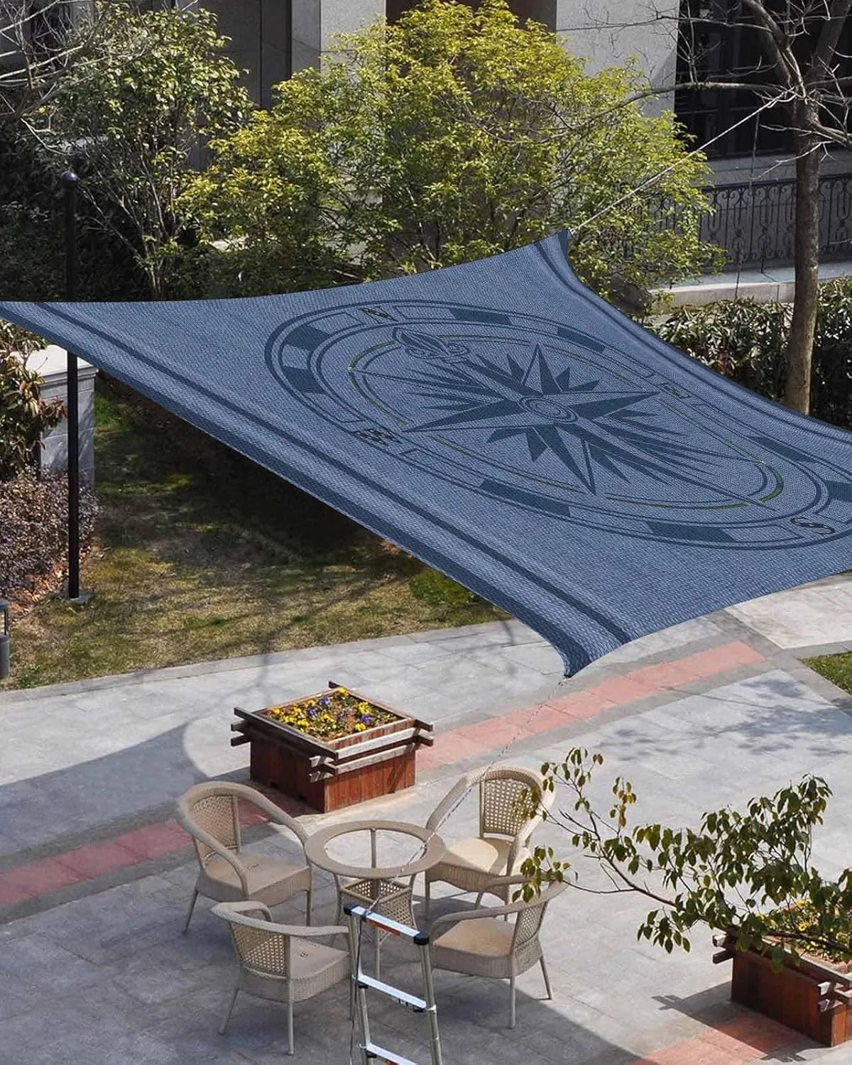 Sun Shade Sail, Nautical Theme Vintage Blue Compass Outdoor Waterproof Canopy Patio Cover with Rope, Rectangle UV Block Shade Sails for Garden Yard Deck Pergola Sand, 12x16 Feet