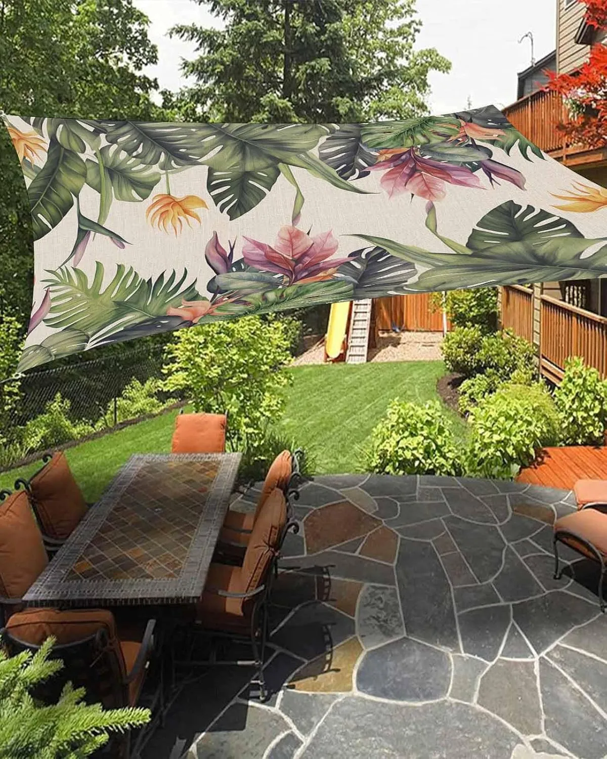 Sun Shade Sail, Summer Tropical Green Palm Trees Beige Texture Outdoor Waterproof Canopy Patio Cover with Rope, Rectangle UV Block Shade Sails for Garden Yard Deck Pergola Sand, 6.5x10 Feet