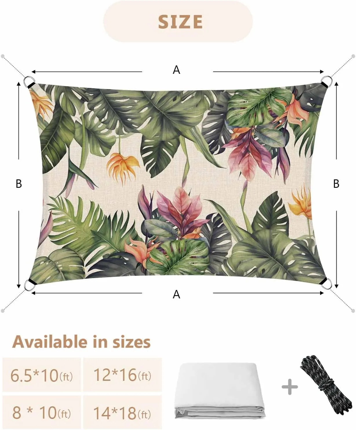 Sun Shade Sail, Summer Tropical Green Palm Trees Beige Texture Outdoor Waterproof Canopy Patio Cover with Rope, Rectangle UV Block Shade Sails for Garden Yard Deck Pergola Sand, 6.5x10 Feet