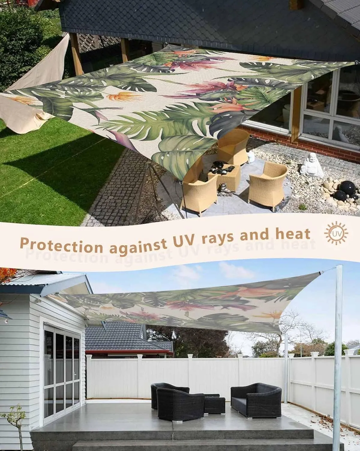 Sun Shade Sail, Summer Tropical Green Palm Trees Beige Texture Outdoor Waterproof Canopy Patio Cover with Rope, Rectangle UV Block Shade Sails for Garden Yard Deck Pergola Sand, 6.5x10 Feet