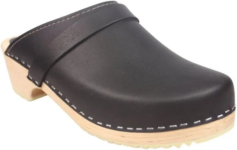 Swedish Classic Clog Mule for Women | Low Heel Slip-on Wooden Clogs Handmade in Sweden | Supportive Wood Base and Genuine Leather | Black