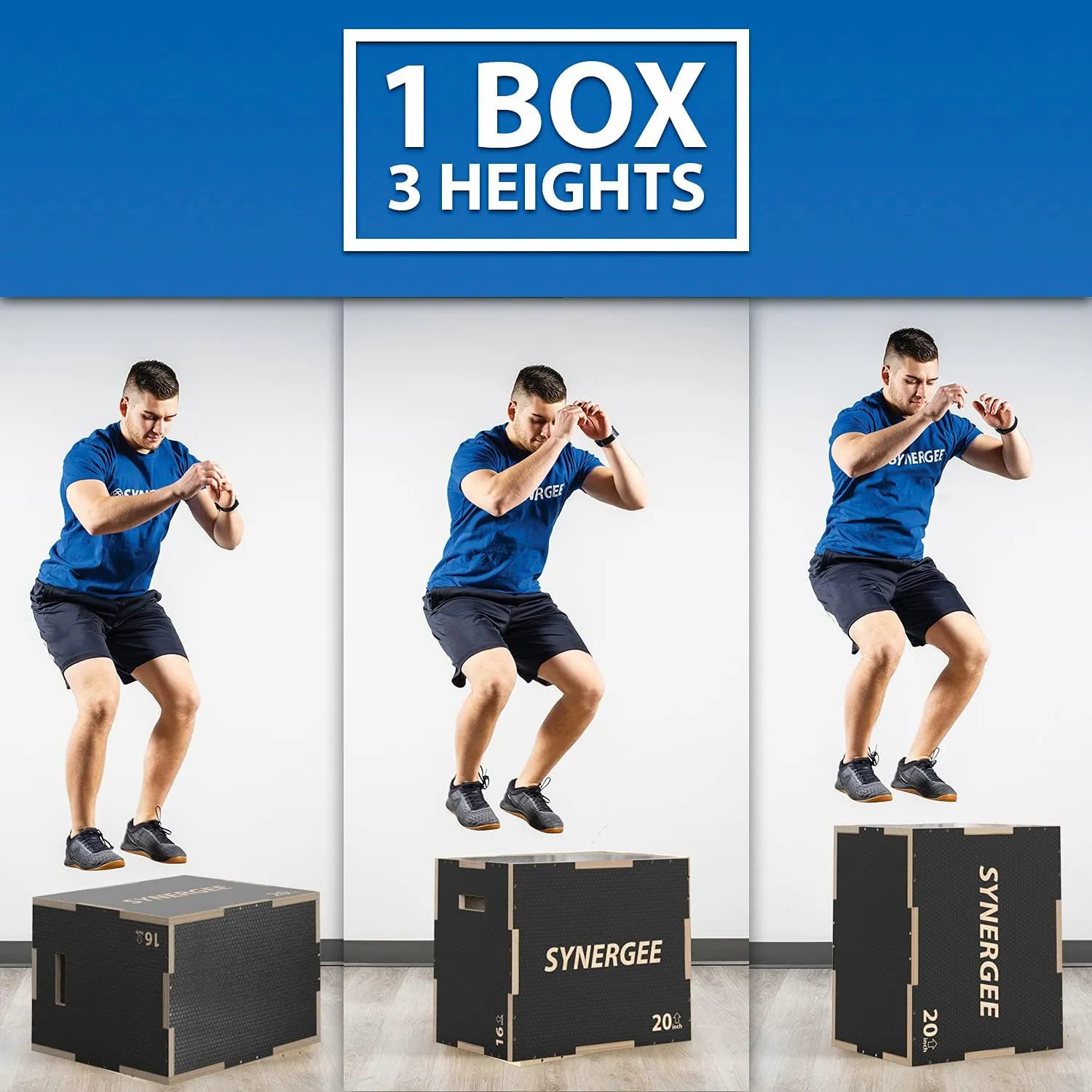 Synergee 3 in 1 Non-Slip Plyometric Box for Jump Training and Conditioning. Wooden Plyo and Soft Plyo Box All in One Jump Trainer. Sizes 20/18/16, 16/14/12