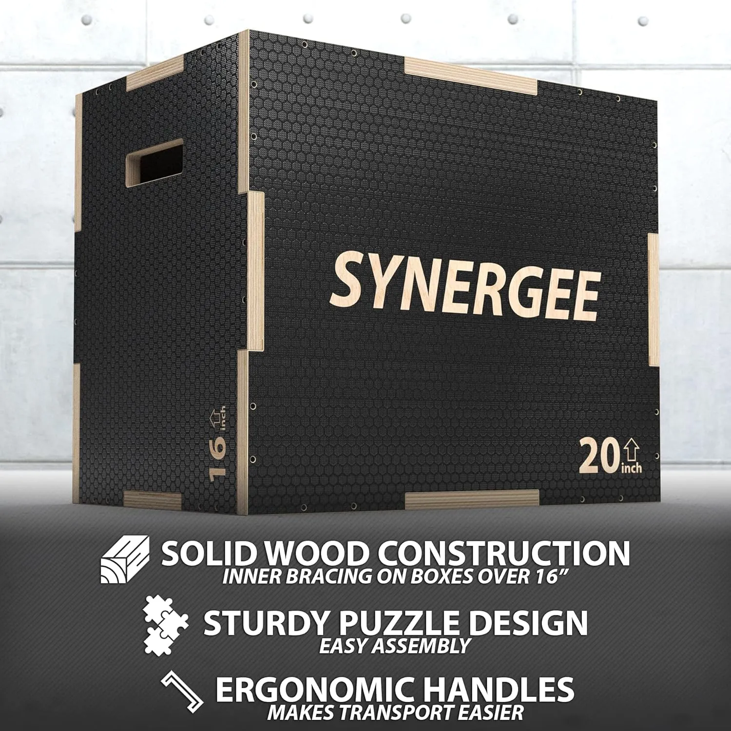 Synergee 3 in 1 Non-Slip Plyometric Box for Jump Training and Conditioning. Wooden Plyo and Soft Plyo Box All in One Jump Trainer. Sizes 20/18/16, 16/14/12